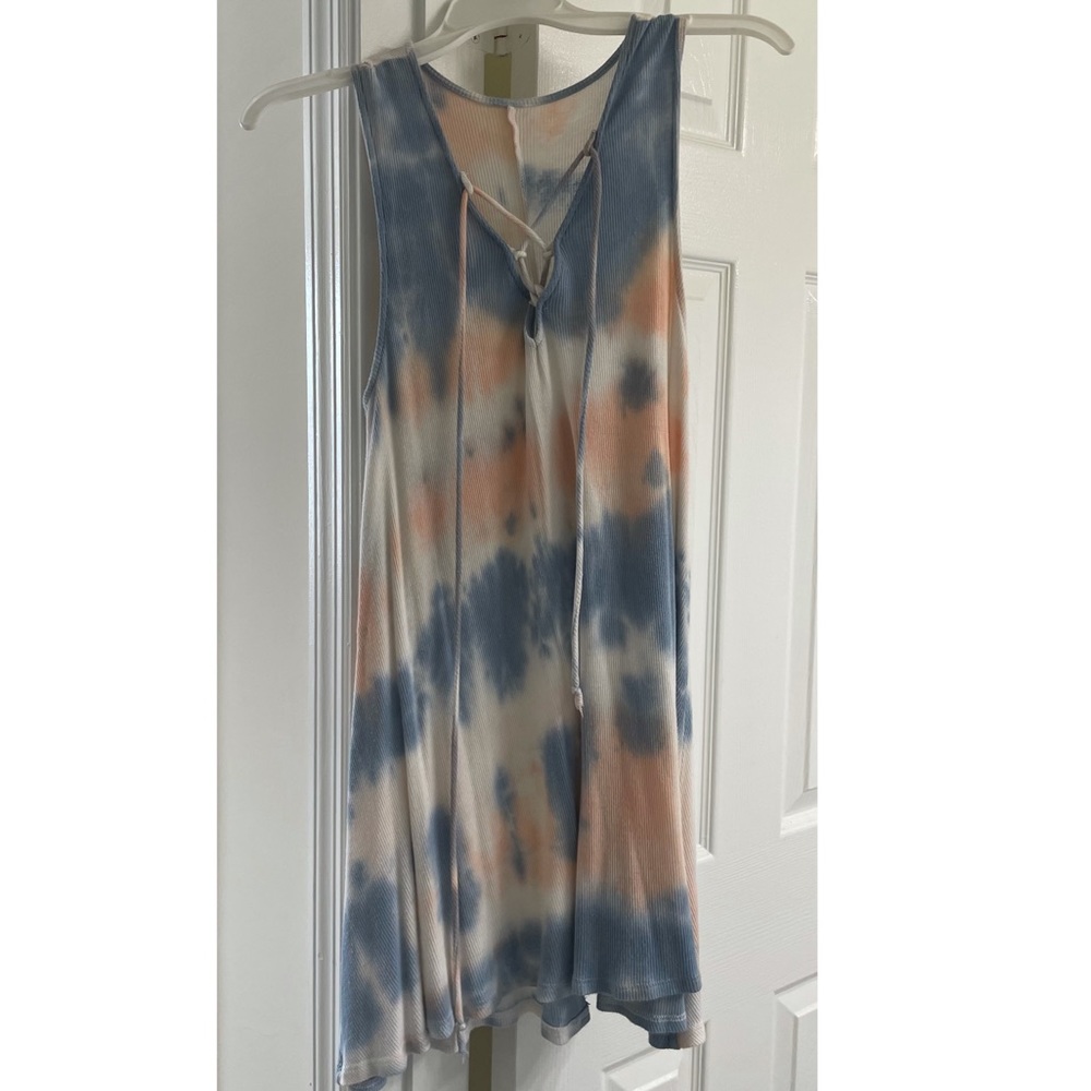 Blue, pink, and white tie dye sundress